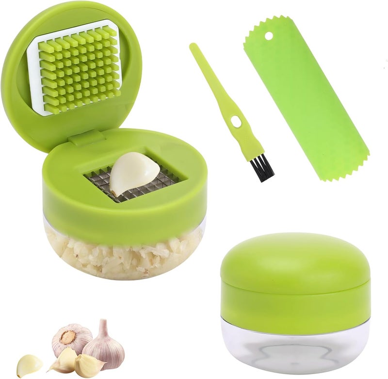 Foyucool 2 Pcs Garlic Press Set, Stainless Steel Garlics Crusher with Silicone Peeler and Cleaner Brush, Easy to Use Garlic Chopper for Shredded Garlic, Ginger and Fruit - Image 1